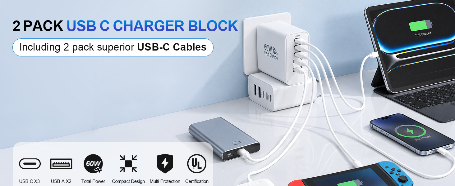 USB C Fast Charger Block 60W, [2 Pack] 5-Port USB C Brick with 2pcs 3A Cable, Multiport Charger Comp