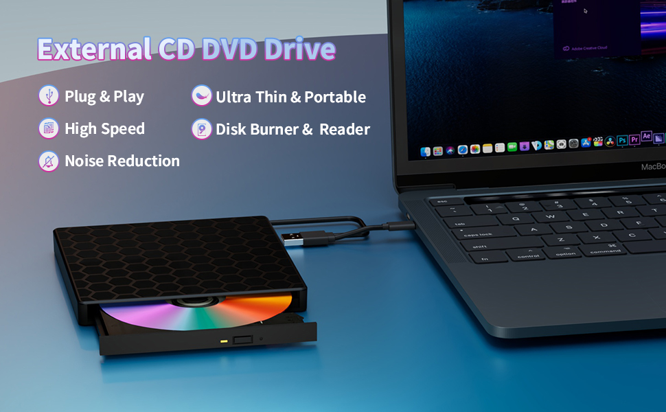 External CD DVD Drive for Laptop, USB 3.0 Type C Slim Portable DVD Player CD DVD RW Writer Reader Bu