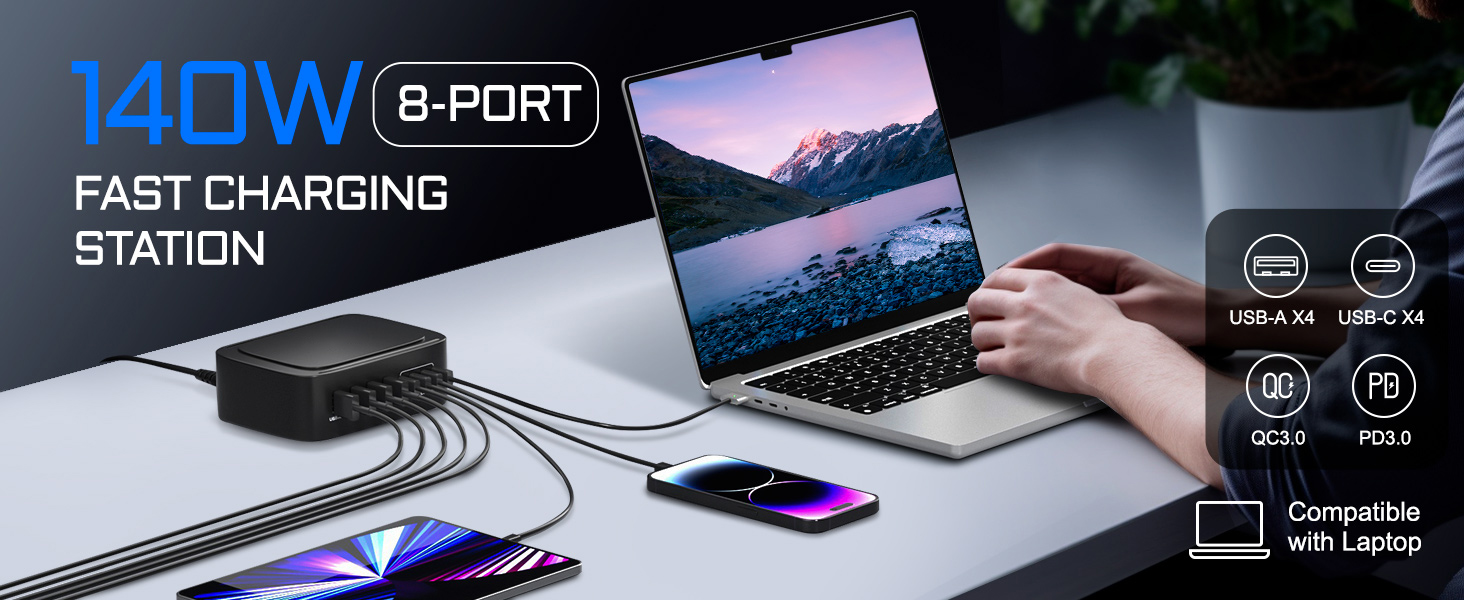 Powerful 140W Total Output and Dual Laptop Charging: Supporting PD 3.0/Quick Charge 3.0/PPS and more