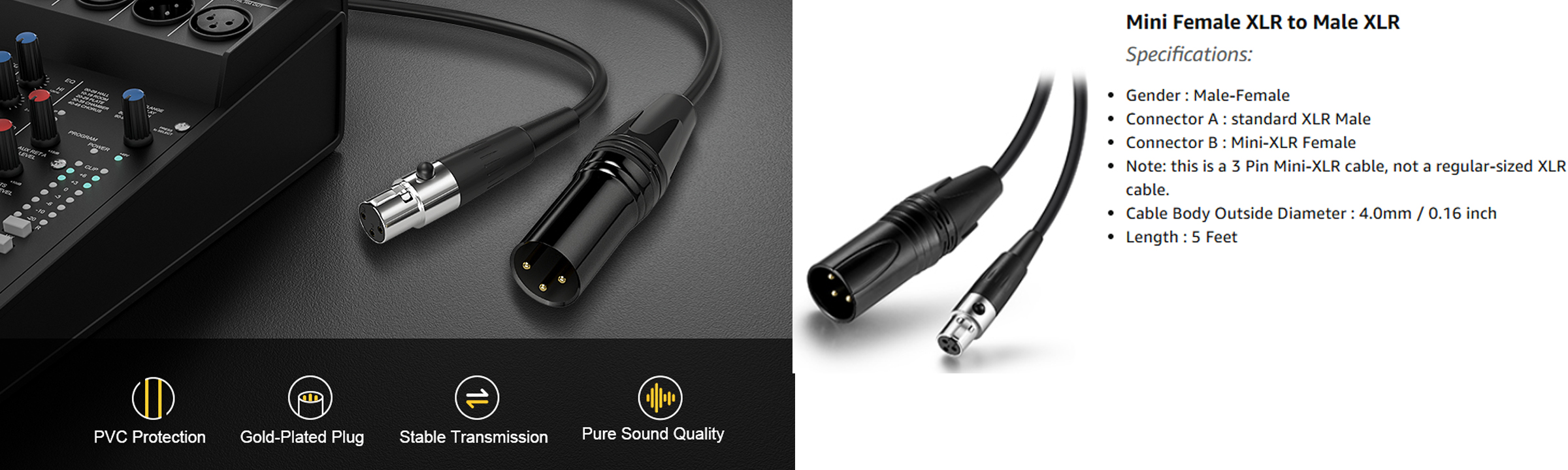 Professional Mini XLR female jack to XLR male cable