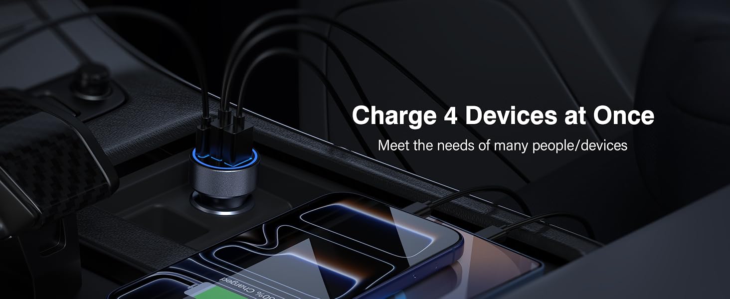 4-Port 90W Car Charger USB C, Super Fast 4-in-1 Cigarette Lighter Adapter Multiport Car Phone Charge