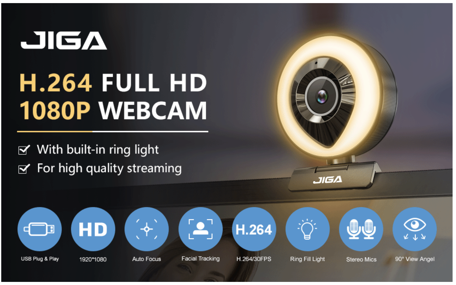 JIGA Streaming Webcam with Dual Microphone 1080P Adjustable Right Light Pro  Web Camera Advanced Auto-Focus with Tripod Zoom Camera Gaming Webcam for