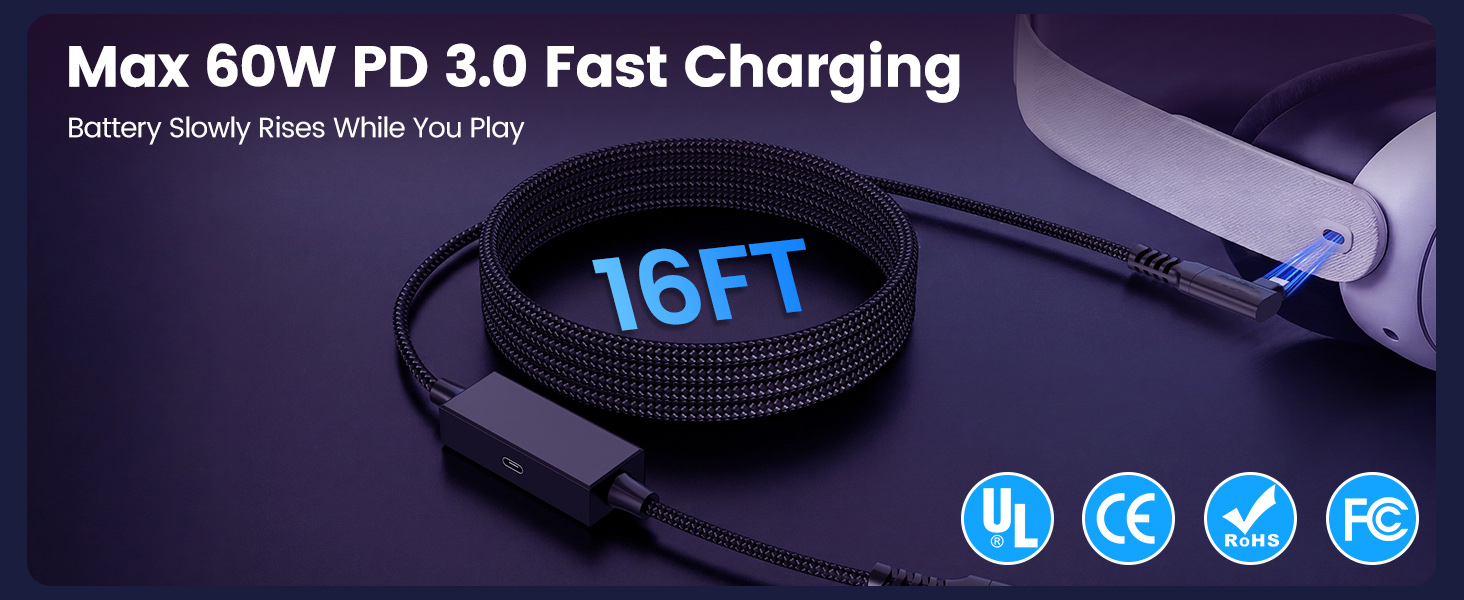USB A to C VR Link Cable 16FT for Me-ta Quest 3S/3/2/Pro&Pico 4