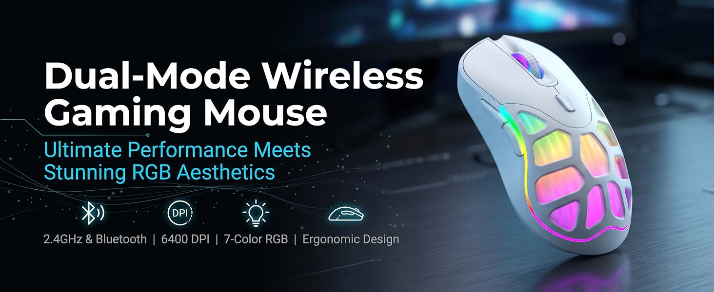 Wireless Gaming Mouse, Bluetooth/2.4G, 6400 DPI, RGB -White | Dual-Mode Bluetooth/2.4G Wireless Mous