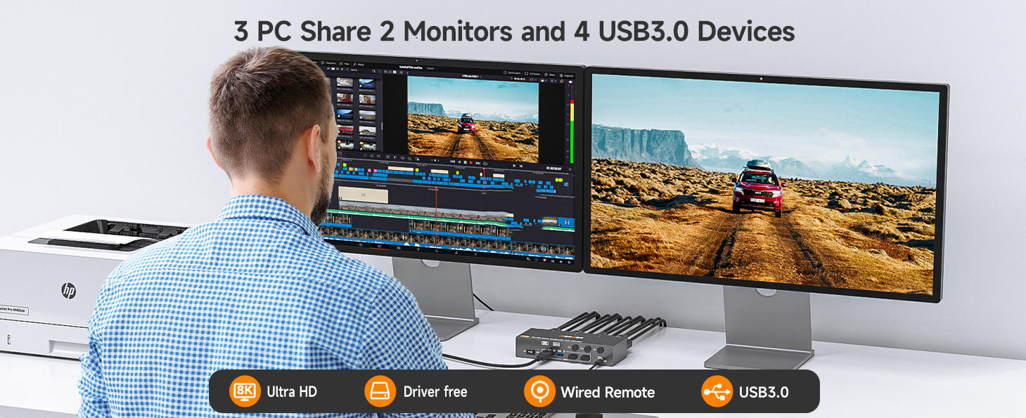 8K@60Hz/4K@144Hz Dual Monitor KVM for 2 Computer