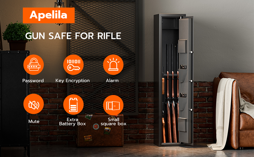  Large Rifle Safe, Long Gun Safe for Rifle Shotgun for Home,  Quick Access 5-6 Gun Storage Cabinet with a Handgun Lock Box and a  Removable Shelf, Silent Mode (Keyboard PIN Code) 