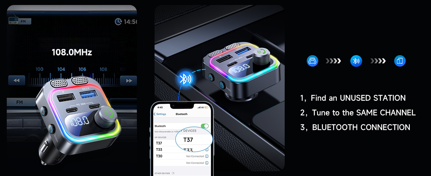 Upgrade 5.4 FM Transmitter Bluetooth Car Adapter [60w Fast Charging]