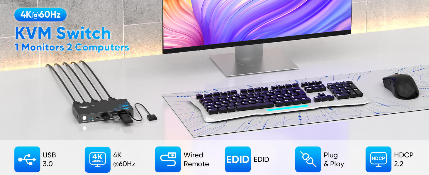 USB 3.0 HDMI KVM Switch for 2 Computers 1 Monitor, 4K@60Hz HDMI KVM Switch for 2 PC Share Keyboard,