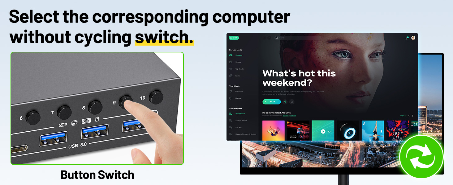 You can easily switch between 10 computers through panel buttons, wired remote or RS232, LED lights