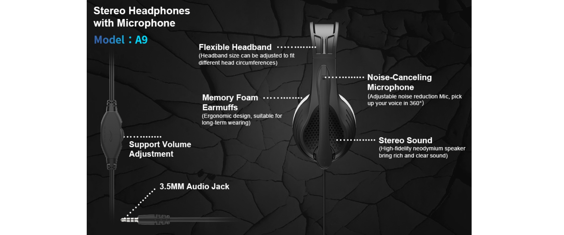 Anivia A9 stereo headset, memory foam earmuffs, adjustable headband, 3.5mm wired