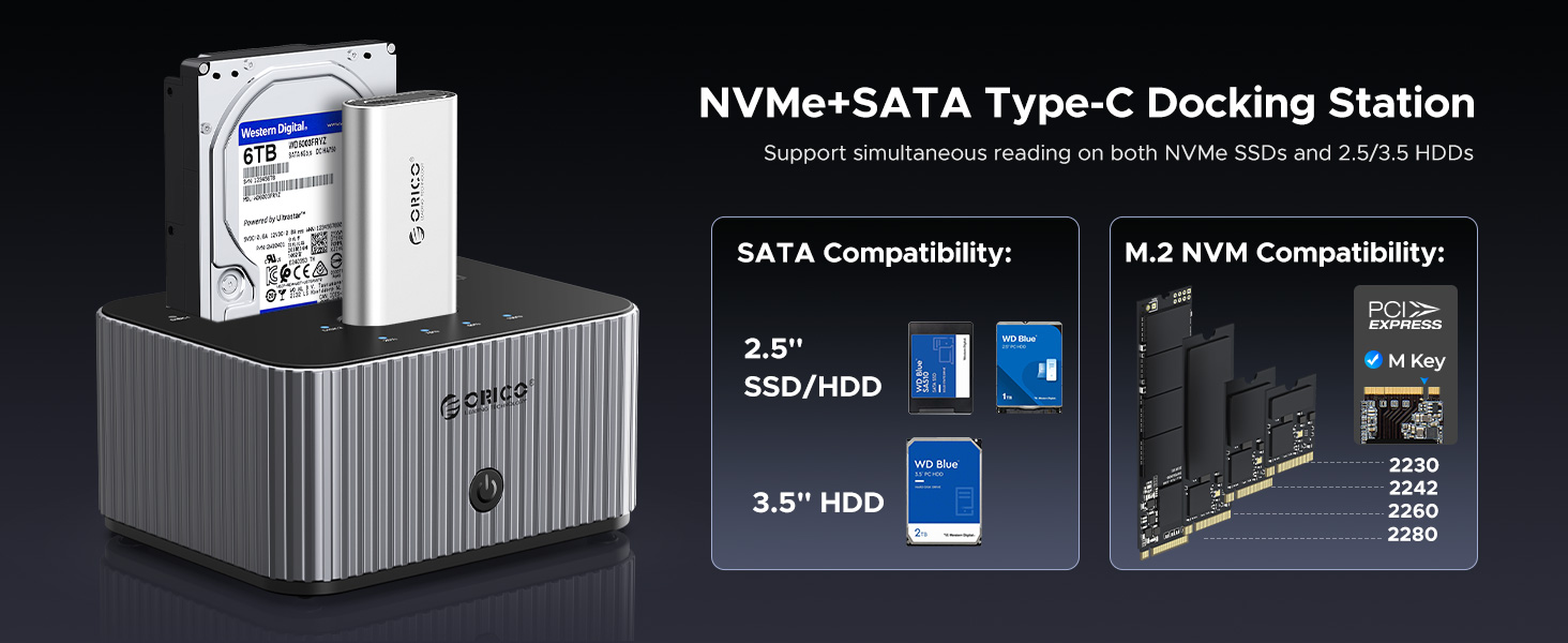 ORICO USB C Docking Station for NVMe M.2 PCIe and SATA 2.5/3.5 Inch SSD & HDD with Offline Cloning-I