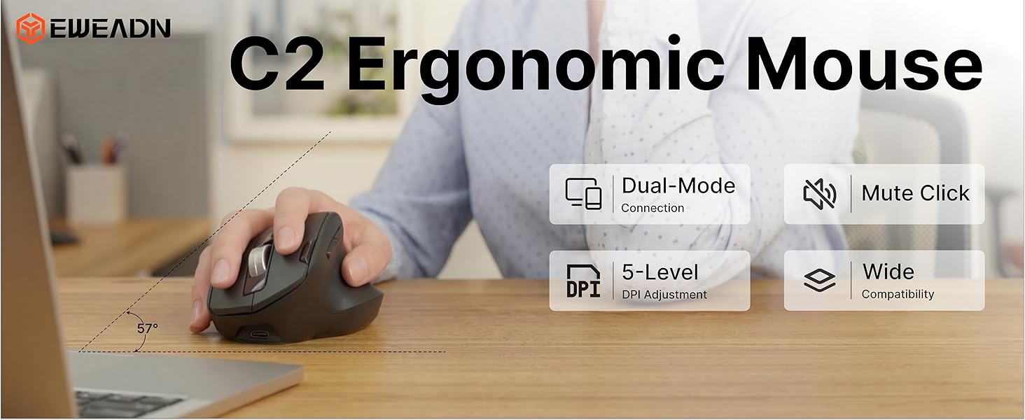 Ergonomic Wireless Mouse, 2.4G & Bluetooth Wireless Mouse for Laptop