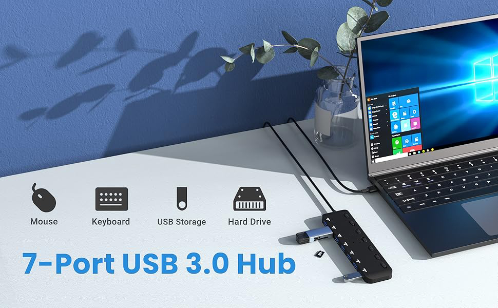 USB 3.0 hub, 7 ports USB Hub, Multi USB 3.0, SuperSpeed 5 Gbit/s, USB adapter with 7 switches and in