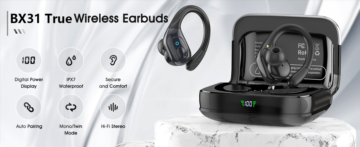 Wireless Earbuds, Sports Bluetooth Headphones, Running Headphones 75Hrs Playtime Ear Buds with LED P