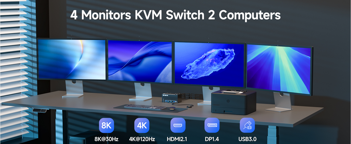 2 HD-MI + 2 DP Quad Monitor KVM Switch 4 Monitors 2 Computers 2K144Hz/4K@120Hz,4 Monitors KVM Switch