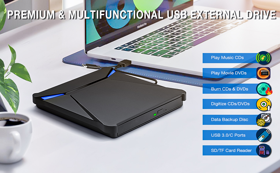 5 in 1 External DVD Drive USB 3.0 Type C Portable CD DVD Drive