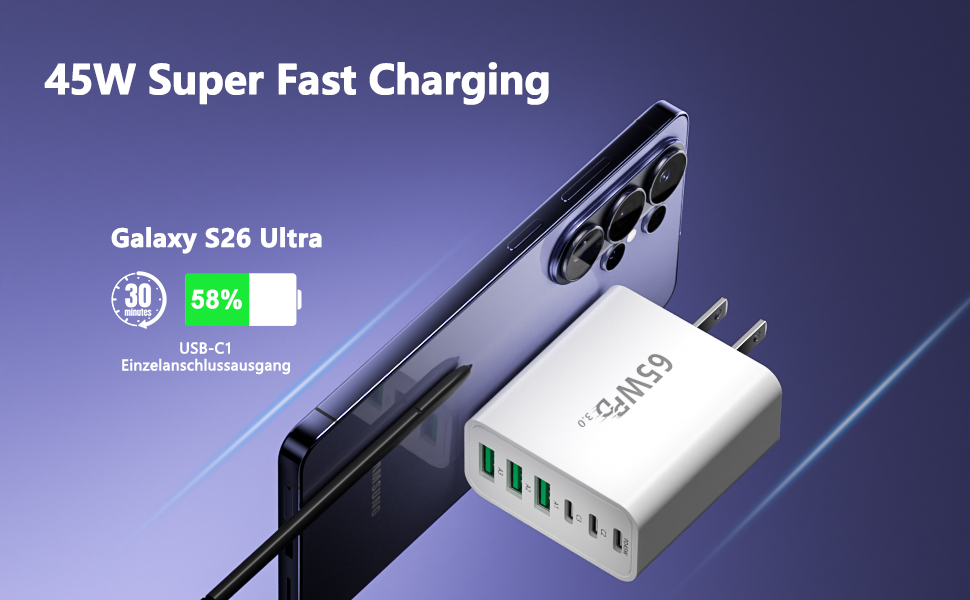 [2 Pack] 65W 6-Port USB C Fast Charger Block, 45W Type C Fast Charger Plug Power Adapter