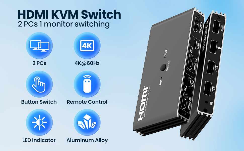 4K@60Hz 2 Ports HDMI KVM Switch for 2 Computers Share 1 Monitor & 4 USB Devices, Keyboard, Mouse, Pr