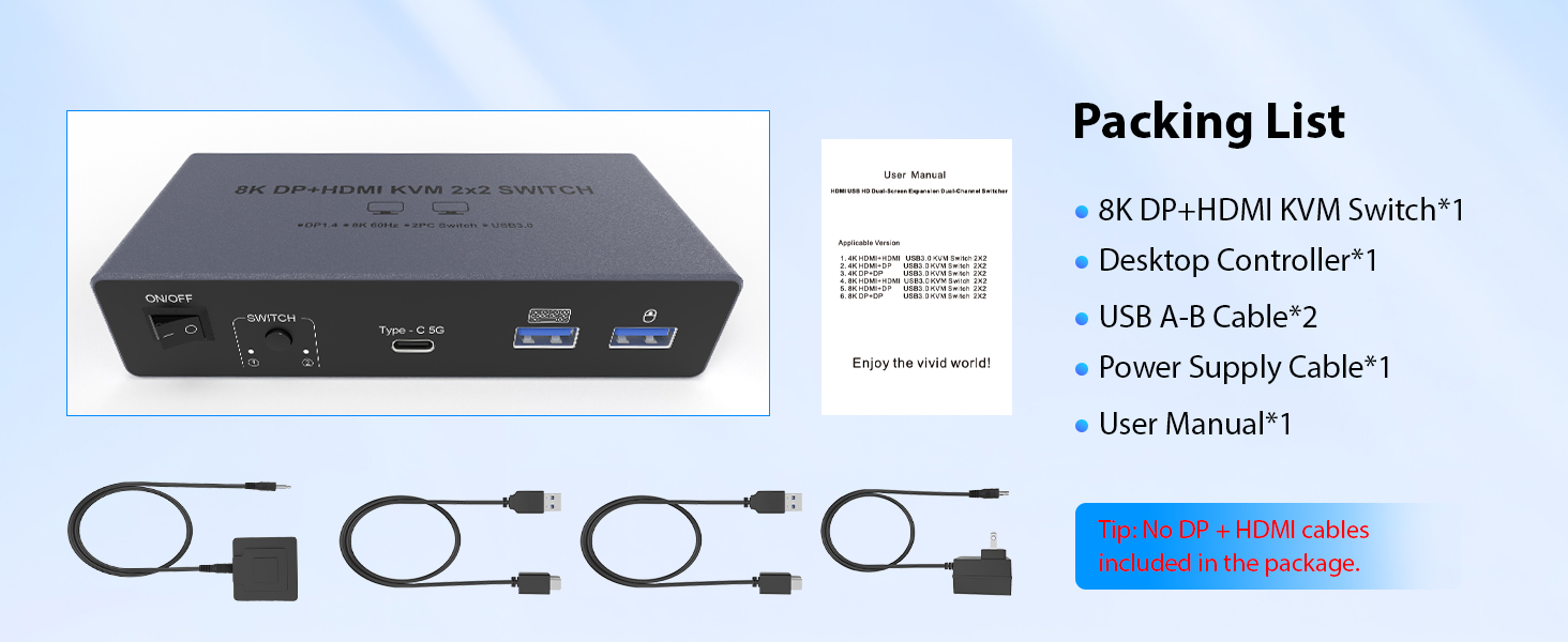 HDMI+DisplayPort Dual Monitor KVM Switch for 2 Computers 2 Monitors, Aluminum 8K@60Hz KVM Switch