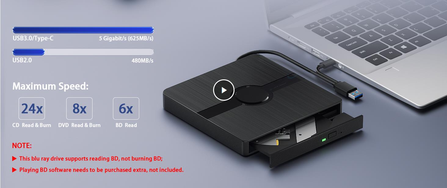 External Blu Ray Drive, BD Player with Read/Write Capability Portable Blu-ray Player with USB 3.0 Ty