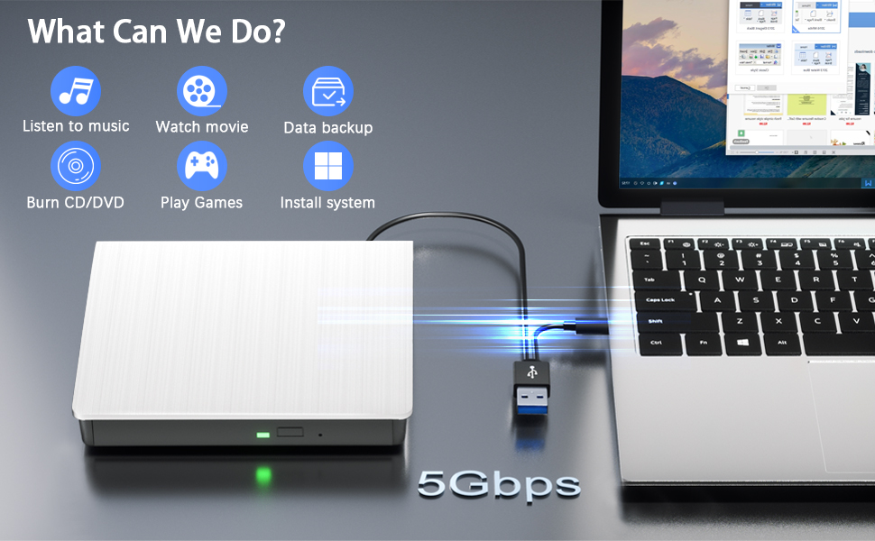 External CD/DVD Drive for Laptop PC, Portable CD DVD Player USB 3.0 & Type C Portable Optical Drive