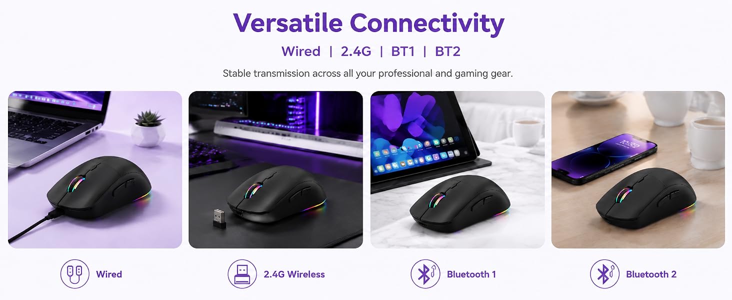 Wireless Gaming Mouse, RGB Bluetooth/2.4G/Wired, 4800 DPI -Black | Dual Bluetooth, 2.4G & wired Tri-