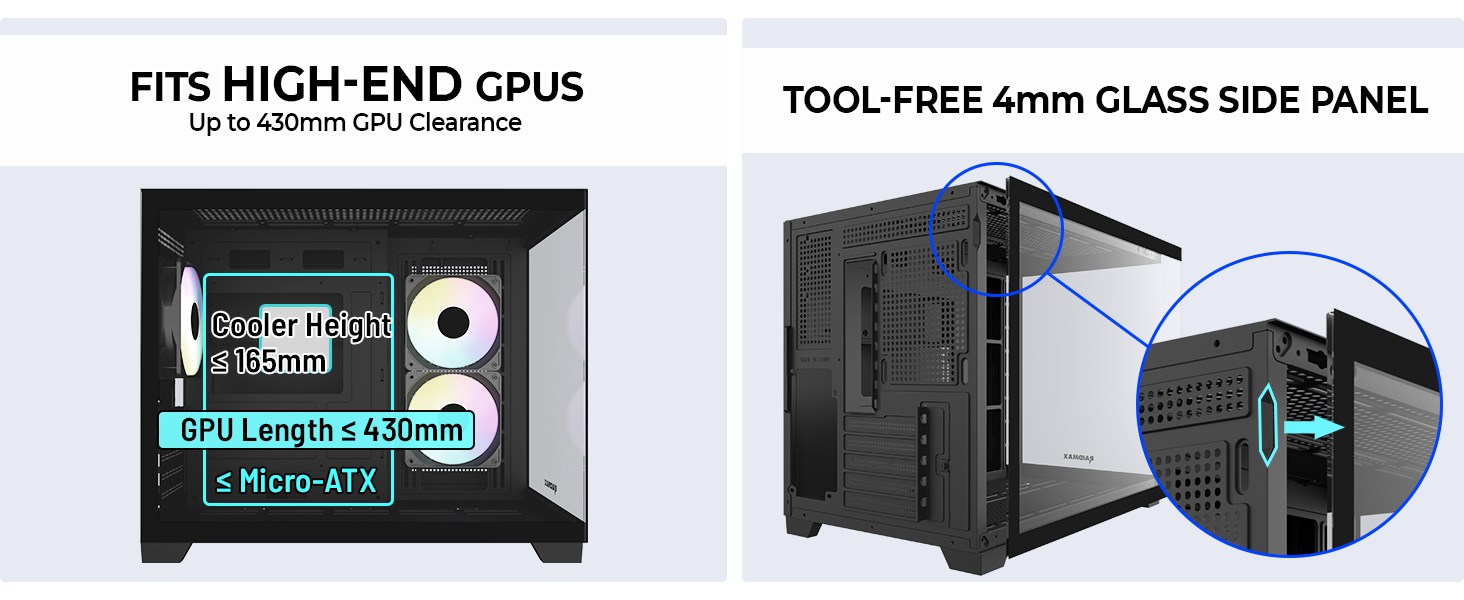 Compact Micro-ATX case with dual-chamber airflow,3 ARGB fans, 430mm GPU, and 360mm radiator support.
