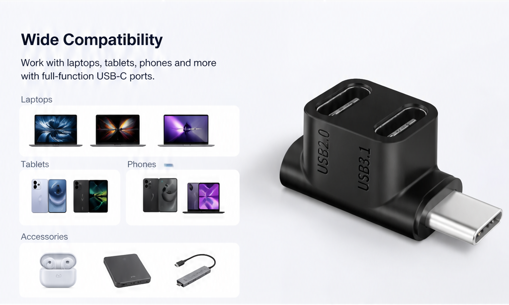 USB-C Splitter Adapter Dual Type-C Ports 100W PD Pass Through USB 3.1 Gen2 10Gbps 4K 60Hz DP Alt Mod