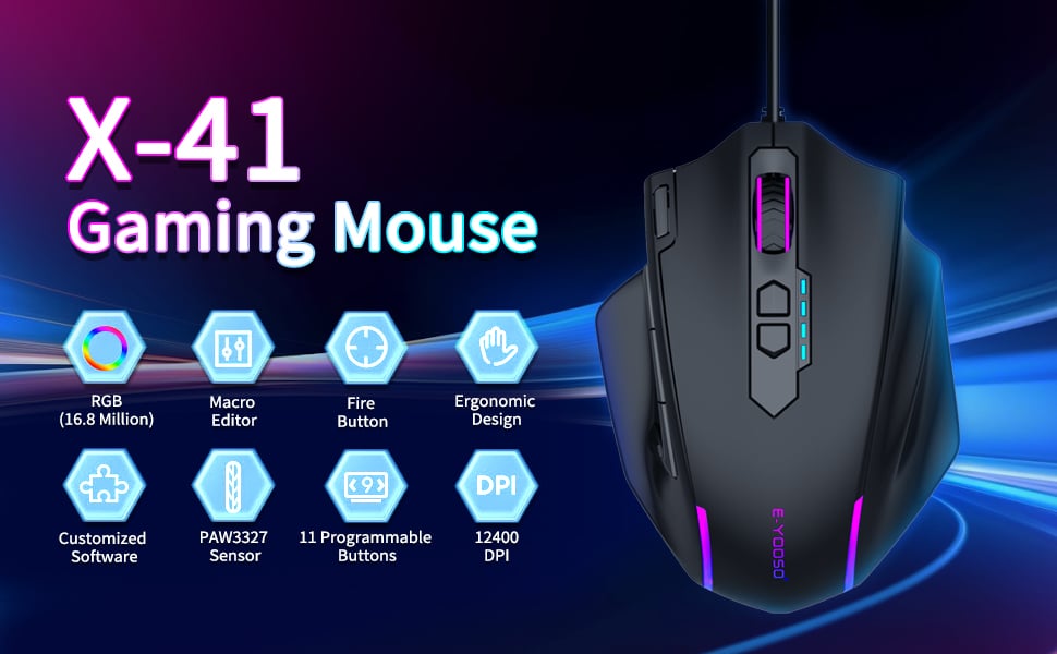 AUTYUE Large Gaming Mouse Wired, 12400 DPI, 11 Programmable Buttons, Rapid Fire Button