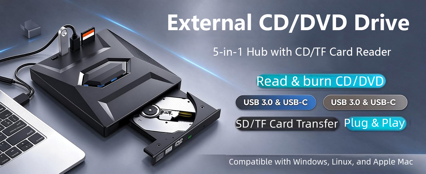 The external optical drive can not only read CDs and DVDs but also be used as an external laptop USB