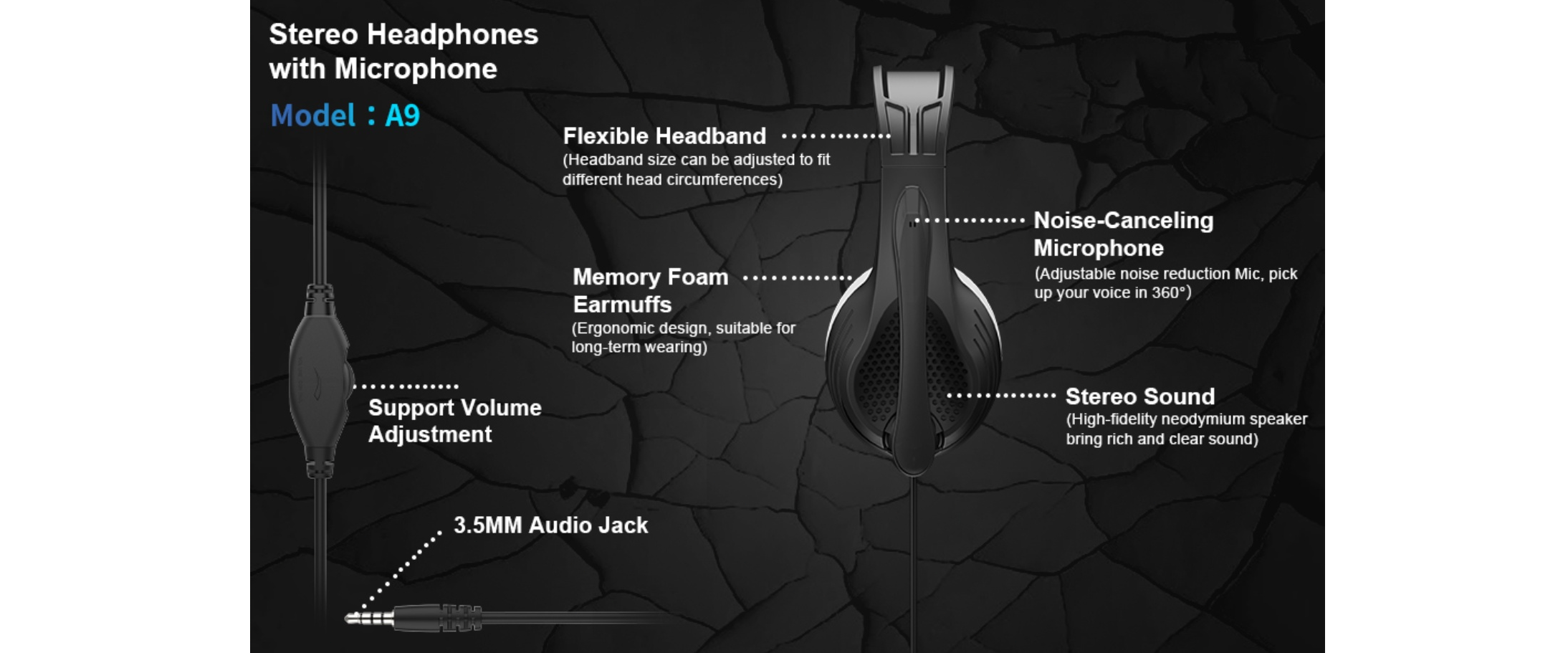 Anivia A9 stereo headset, memory foam earmuffs, noise canceling mic, 3.5mm wired