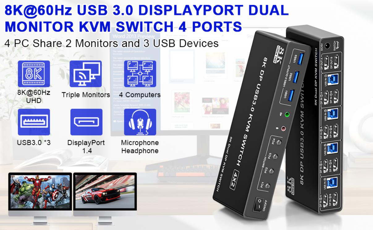 AUTYUE 8K@60Hz 4 Ports Displayport USB 3.0 KVM Switch for 4 Computer 2 Monitor