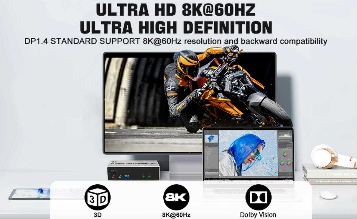 8K@60Hz UHD Resolution This advanced switch allows you to seamlessly connect 2 computers to 3 monito