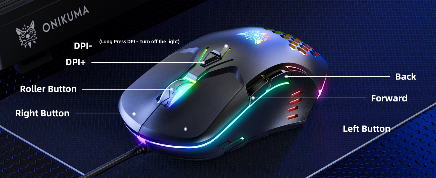 USB Wired PC Gaming Mouse, with High Precision Sensor, RGB Backlit, Adjustable DPI, 7 Buttons