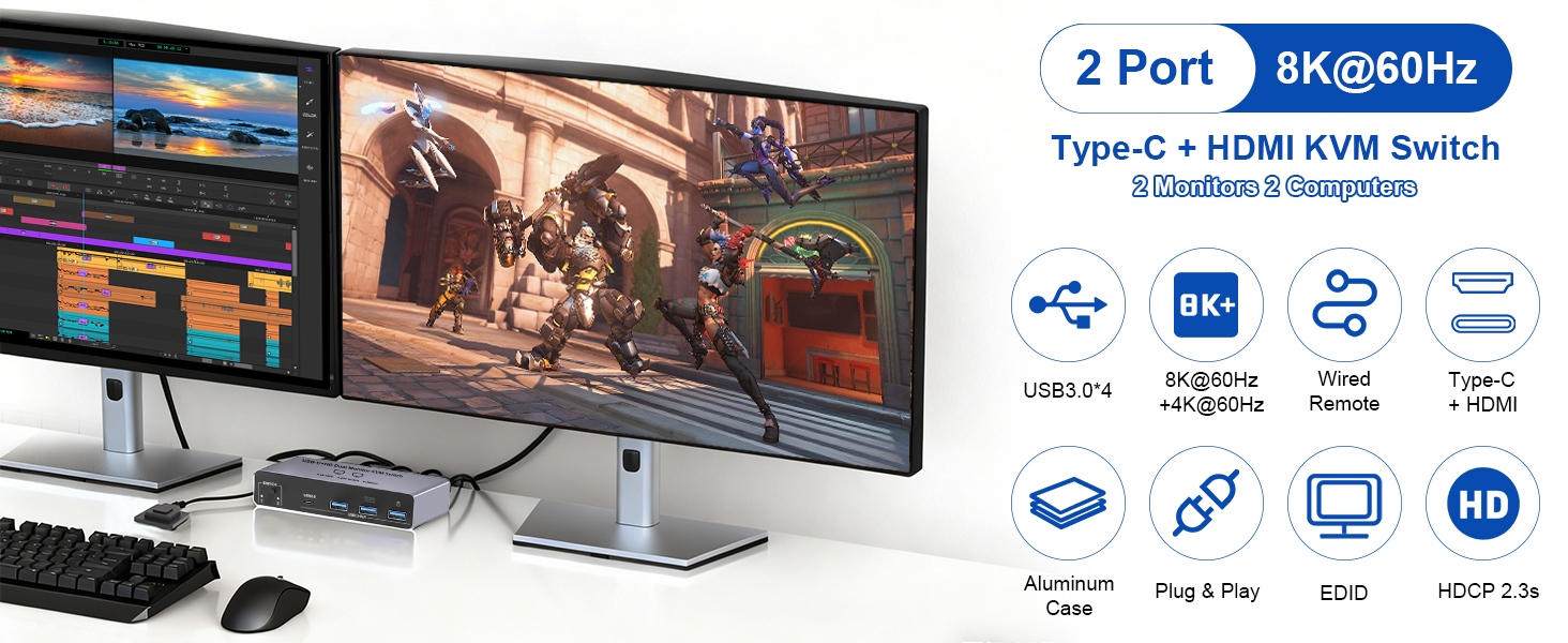 USB-C+HDM KVM Switch 2 Monitors 2 Computers-8K@60Hz 4K@60Hz USB C KVM Switch Dual Monitor