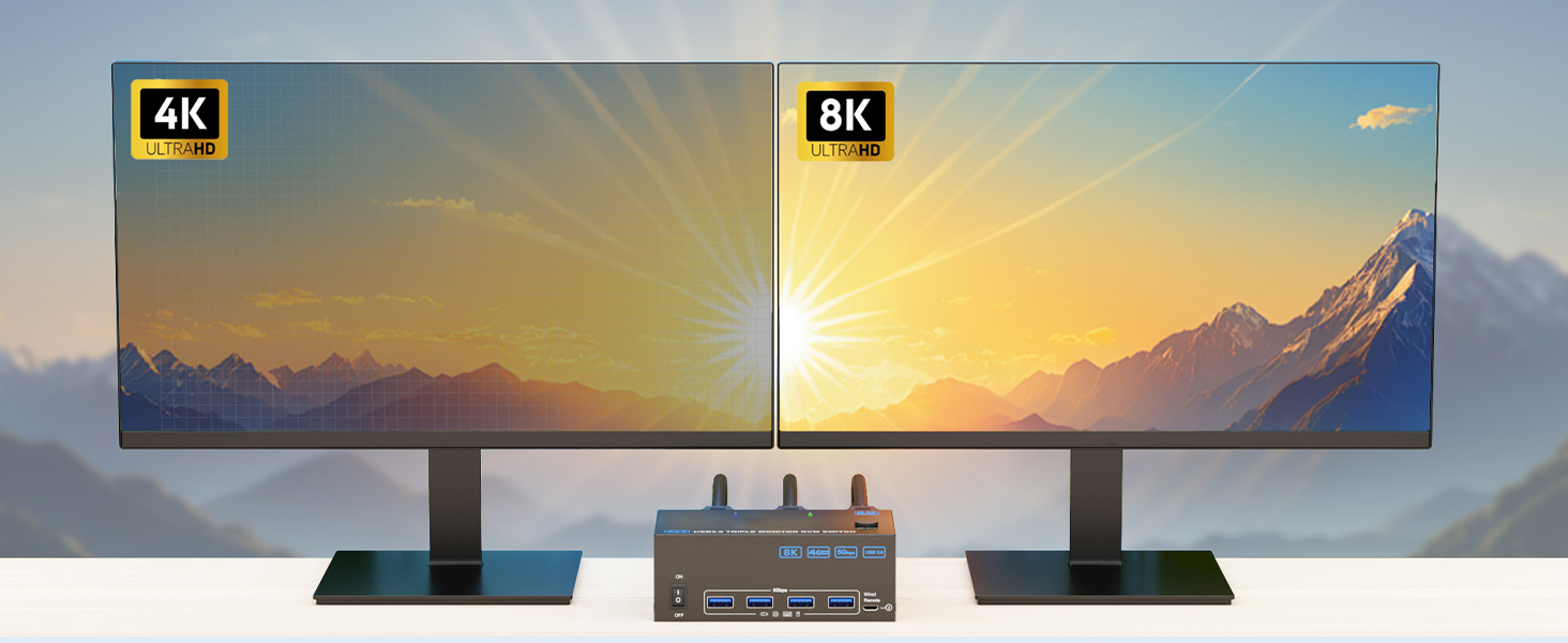 KVM switch 2 computers 3 monitors support resolution up to 7680*4320@60Hz,3840*2160@144Hz and backwa