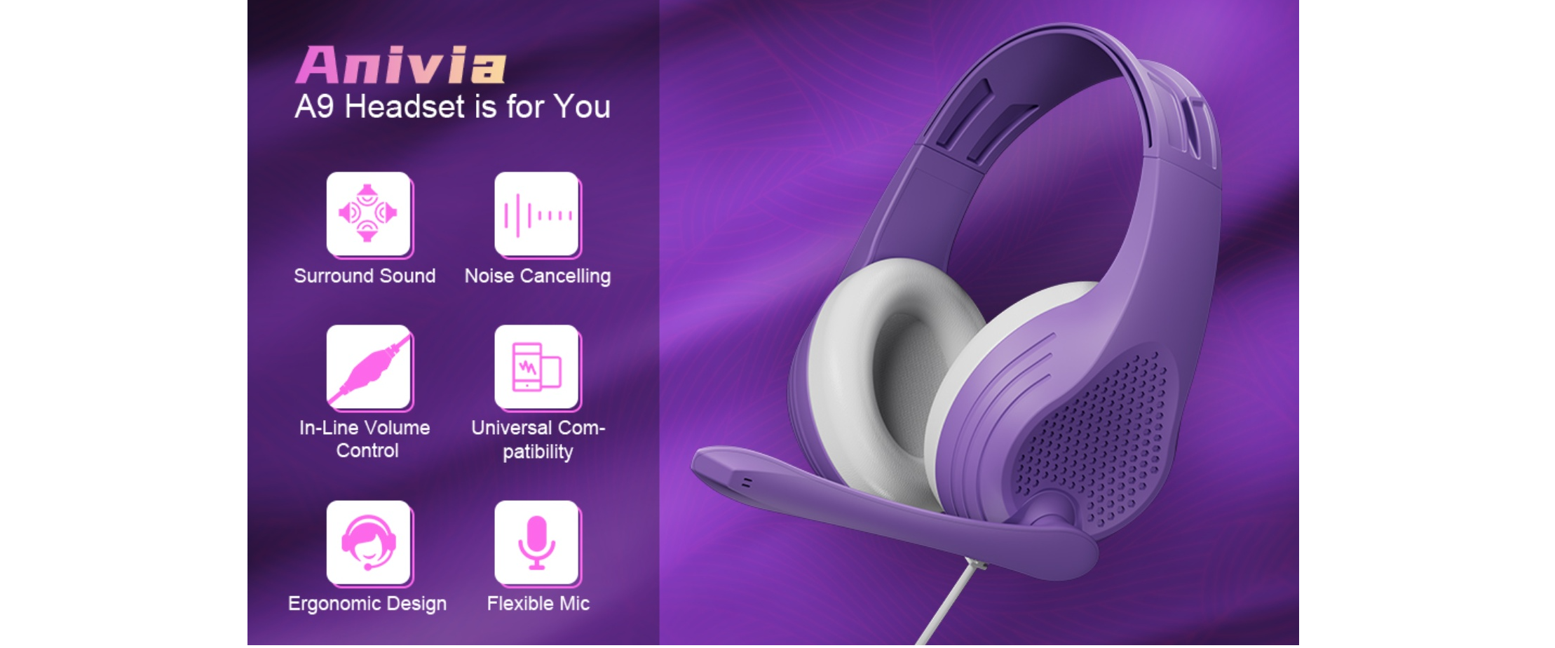 Anivia A9 purple wired headset, feature list, gaming headphone with mic