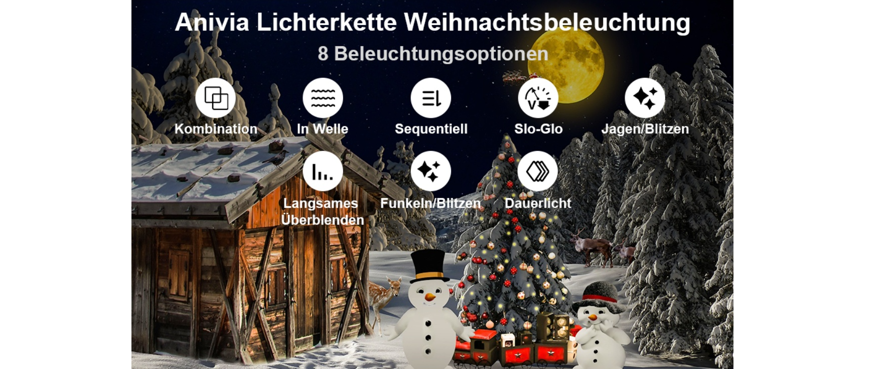 Christmas fairy lights, 8 lighting modes, warm white, holiday decoration, snow scene