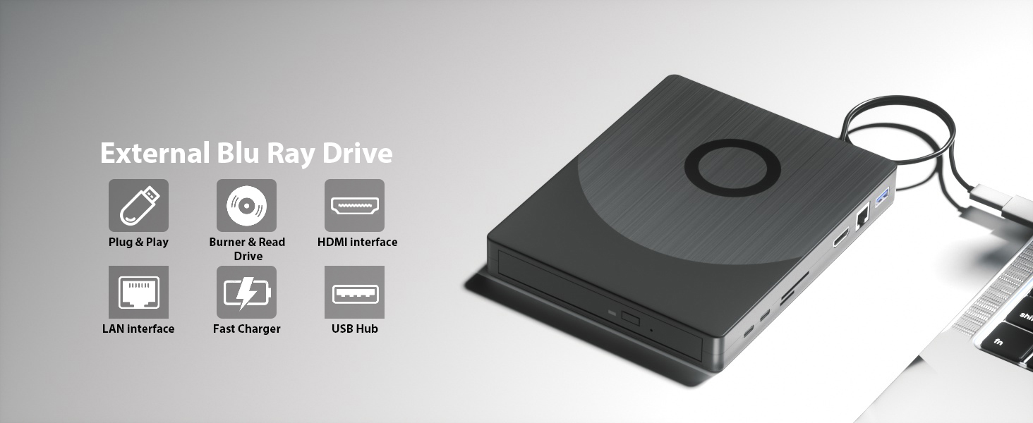 IHDAPP External Blu-ray Drive, External Blu Ray CD DVD Drive Burner with USB Hub, SD/TF Port HDMI an