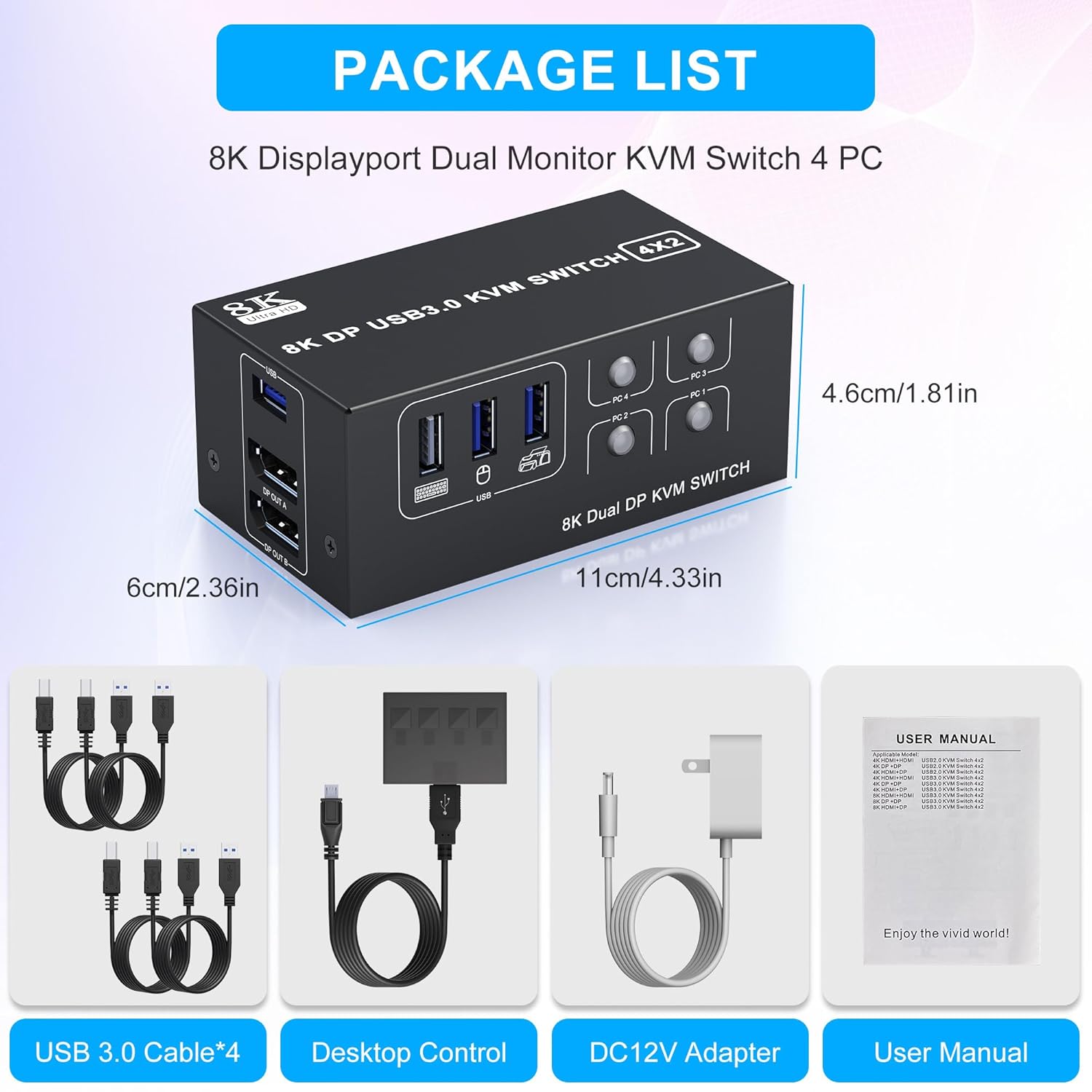 What You Get: 1x 4 Port 8K USB 3.0 DisplayPort KVM Switch, 4 x USB 3.0 Cables, 1x Power Adapter, 1x