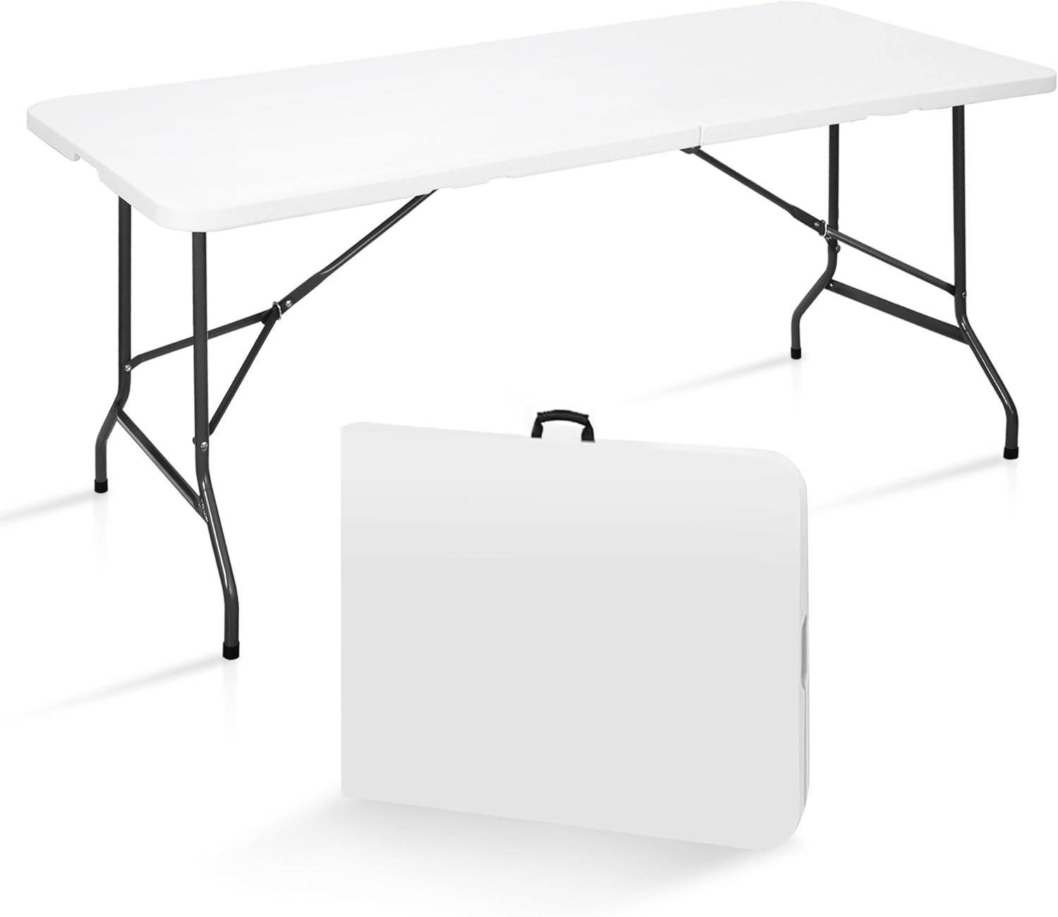 6FT Heavy Duty Fold in Half Plastic Folding Table, white portable table with carry handle