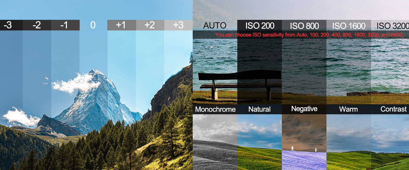 Adjustable exposure ISO multi-filter digital camera for mountain landscape photography