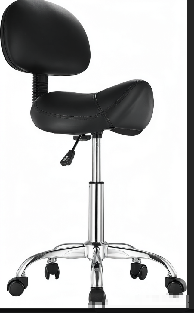 Ergonomic saddle seat with backrest, height adjustable gas lift lever for salon rolling stool