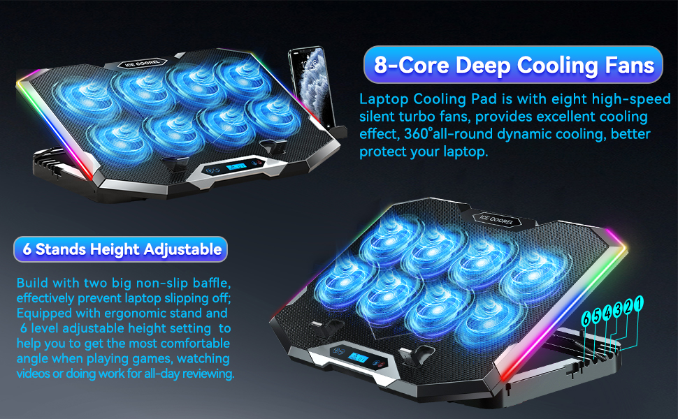 This RGB Laptop Cooling Pad - The Most Powerful Rapid Action Cooling Fan - Laptop Stand with 8 Cooli