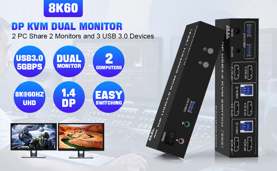 8K@60HZ DisplayPort USB 3.0 Dual Monitor KVM Switch for 2 Computer Sharing 3 Monitor and 3 USB 3.0 P