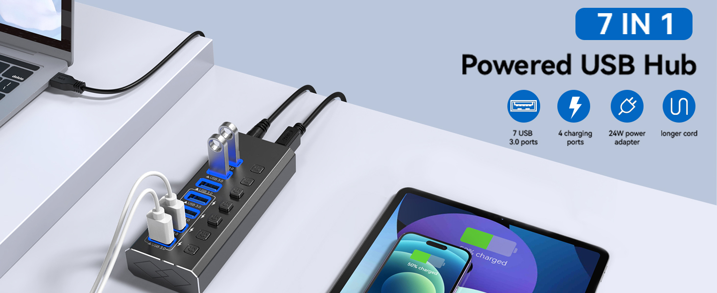 Powered USB Hub 3.0, 7-Port USB 3.0 Hub [Durable Aluminum] 7 Data Transfer Ports+ 4 Smart Charging P