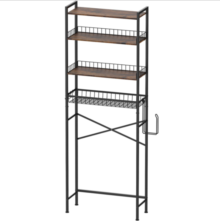 4-Tier Over The Toilet Storage Rack, Freestanding Bathroom Shelf, Pull-out Wire Basket, Toilet Paper