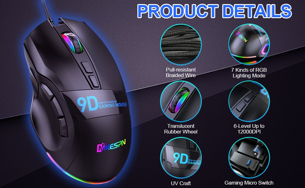  NYIEFADA Wired Gaming Mouse with Side Buttons, Programmable  Ergonomic Thumb Rest- 10000 DPI High-Precision Sensor, 10 Buttons/Shortcut  Flashing RGB Computer Mouse for PC Laptop Gaming : Video Games