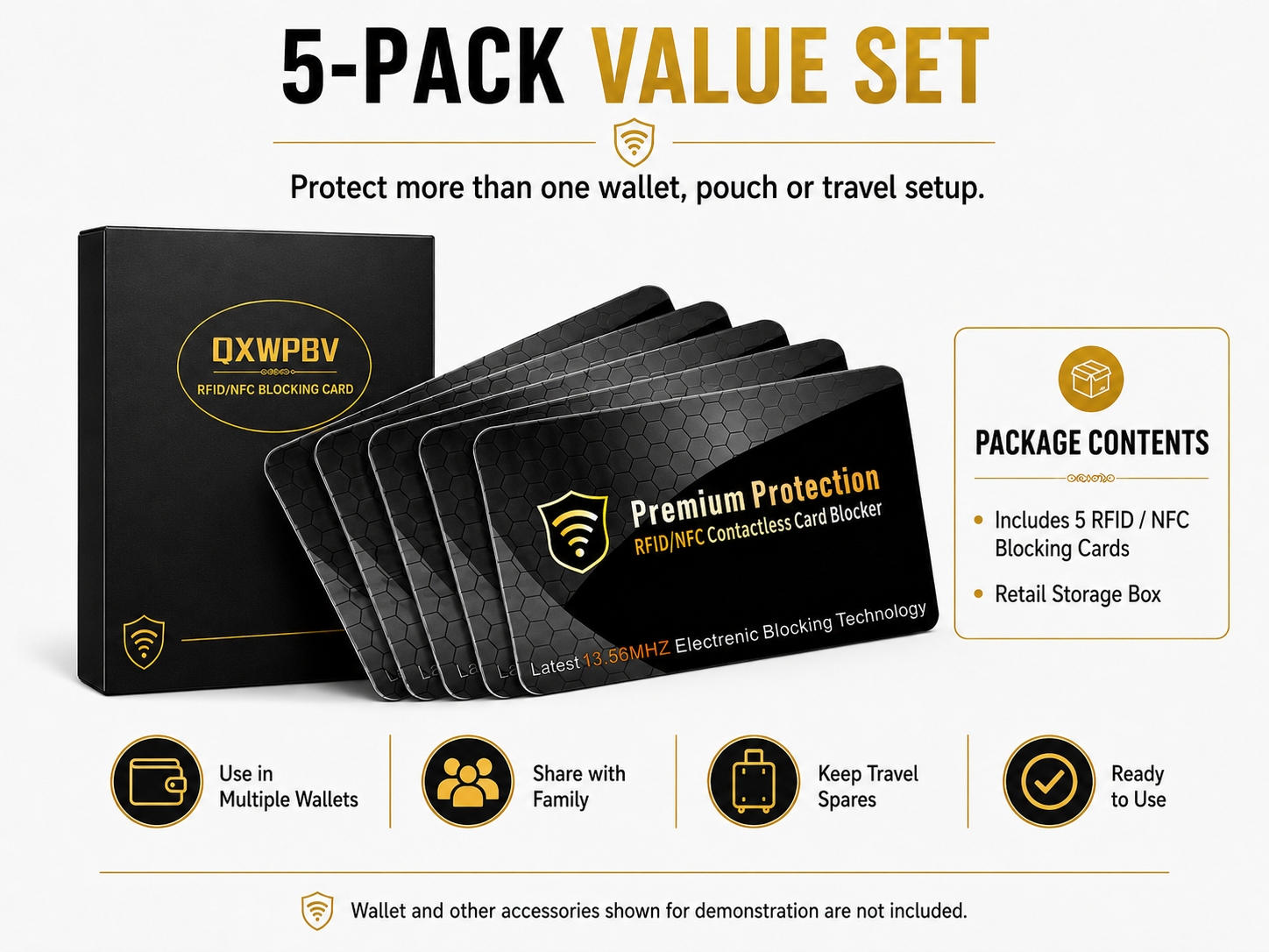 5 pack RFID blocking cards, RFID blocker multipack, RFID wallet card set