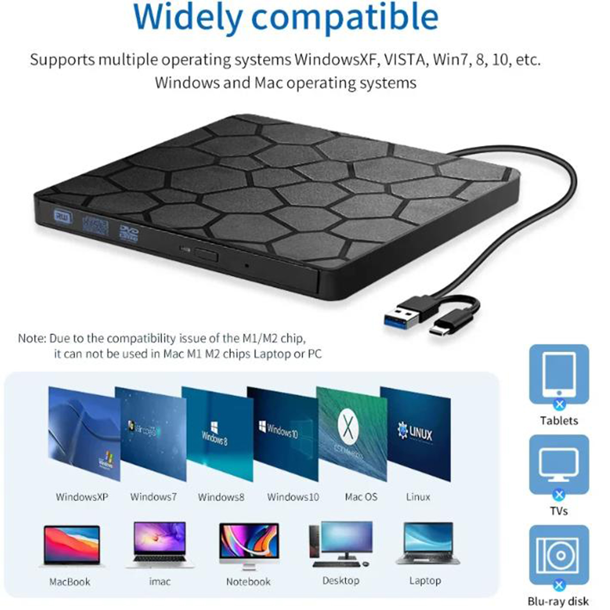 Wide Compatibility This portable external CD/DVD drive is compatible with most laptops and desktops